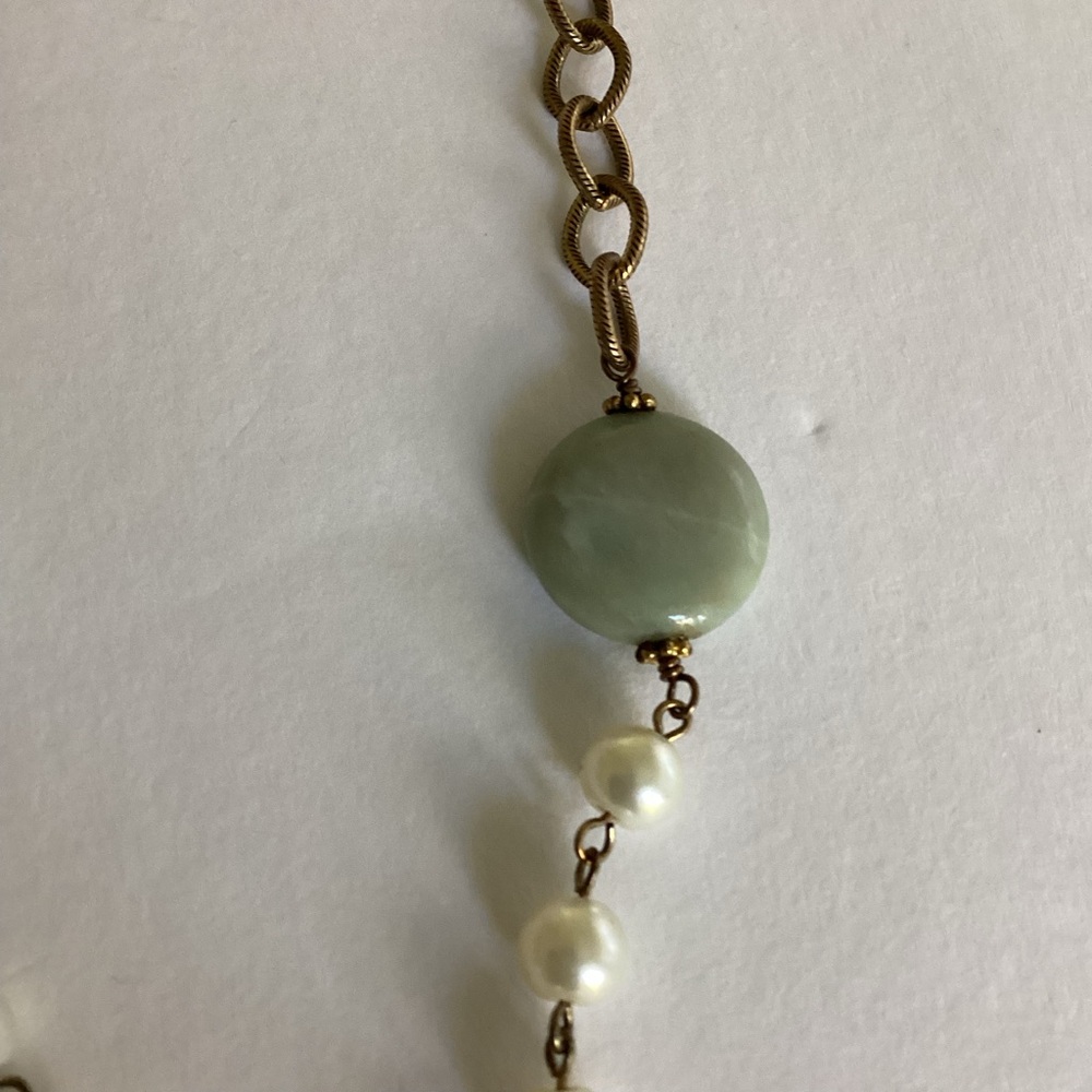 Julio Designs Necklace Mixed Pearl & Aqua Stone Gold Chain Accents Long Artisan - Picture 4 of 12